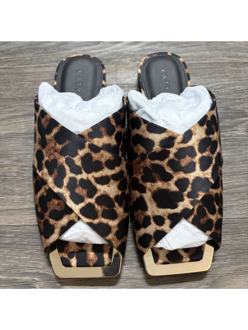 Katy Perry Checked In Slide Sandals 8 38 Leopard Print Satin Coffee Multi NEW - Picture 5 of 13